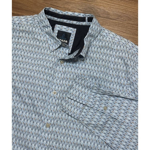 prAna Slim Fit Lukas Button Up Arrow Pattern Organic Cotton Blue Shirt Men Sz L - Picture 1 of 10